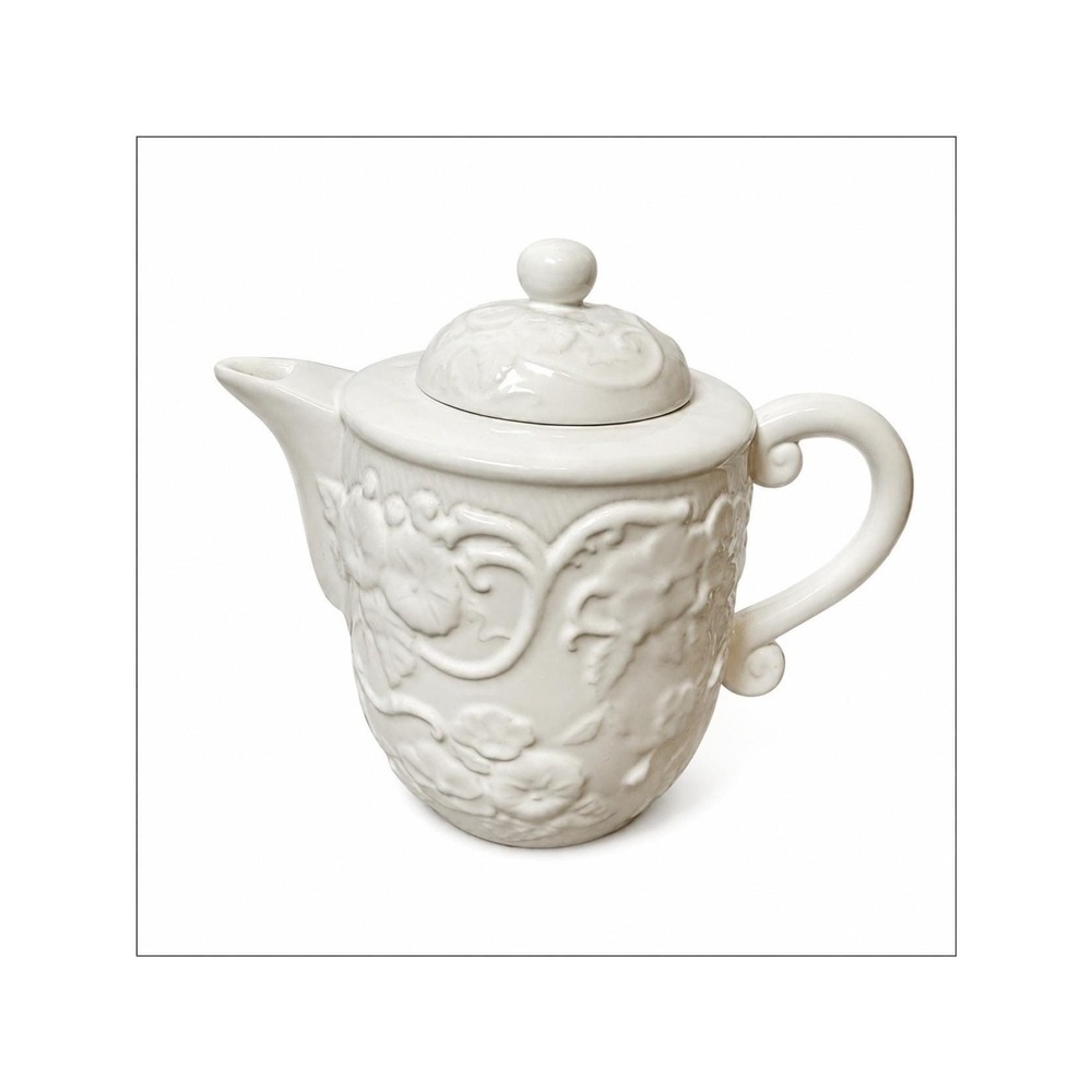 Bordallo Pinheiro Teapot Floral Embossed White Ceramic Portugal Vintage